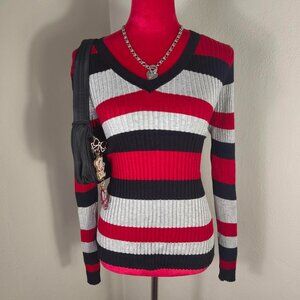 Y2K 2000s Black, Red, and Gray Striped V-Neck Fitted Long Sleeve Sweater Large